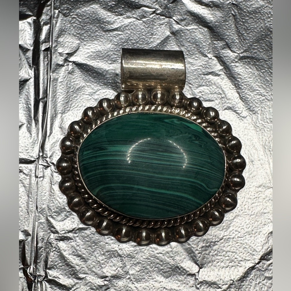 Taxco Mexico Sterling Silver 925 Oval Green Malachite Pendant